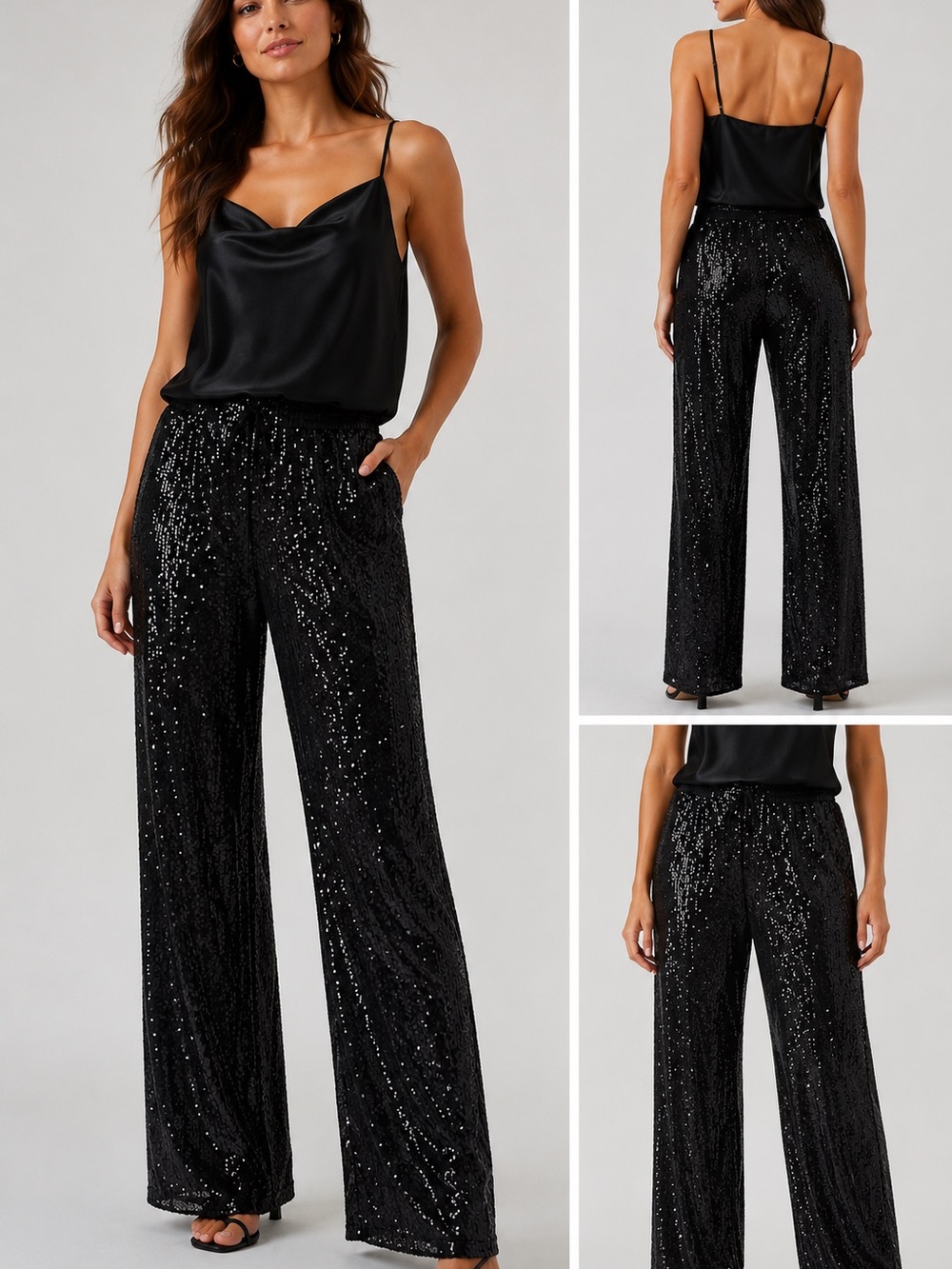 H&M Black Sequin Wide Leg Pants – Size Large